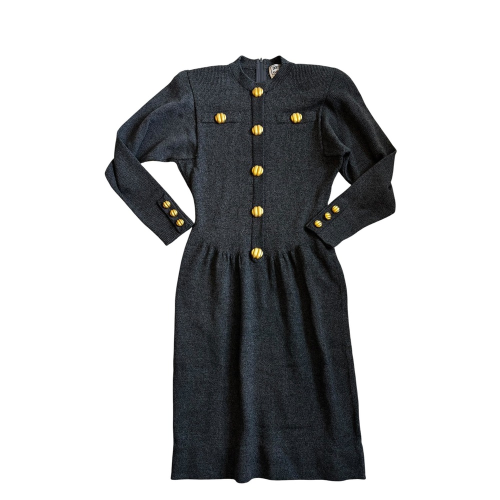Don Sayres for Wellmore Knit Dress Small Gray Vintage Gold Button Wool Blend